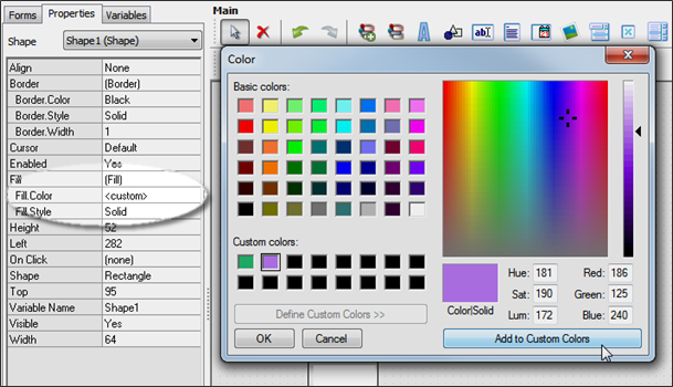 Color picker showing a standard Windows color selection dialog, and highlighting the shape properties fill color option